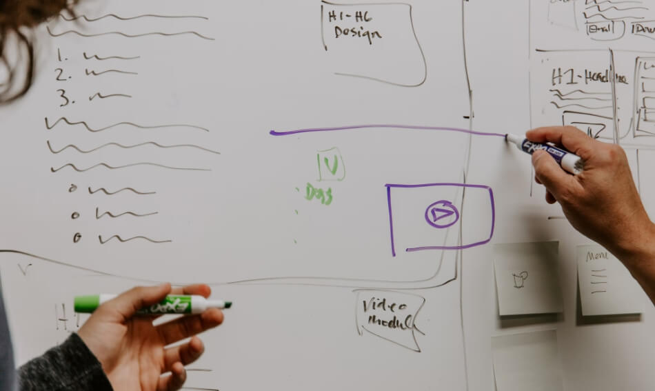 People drawing diagrams on a whiteboard.